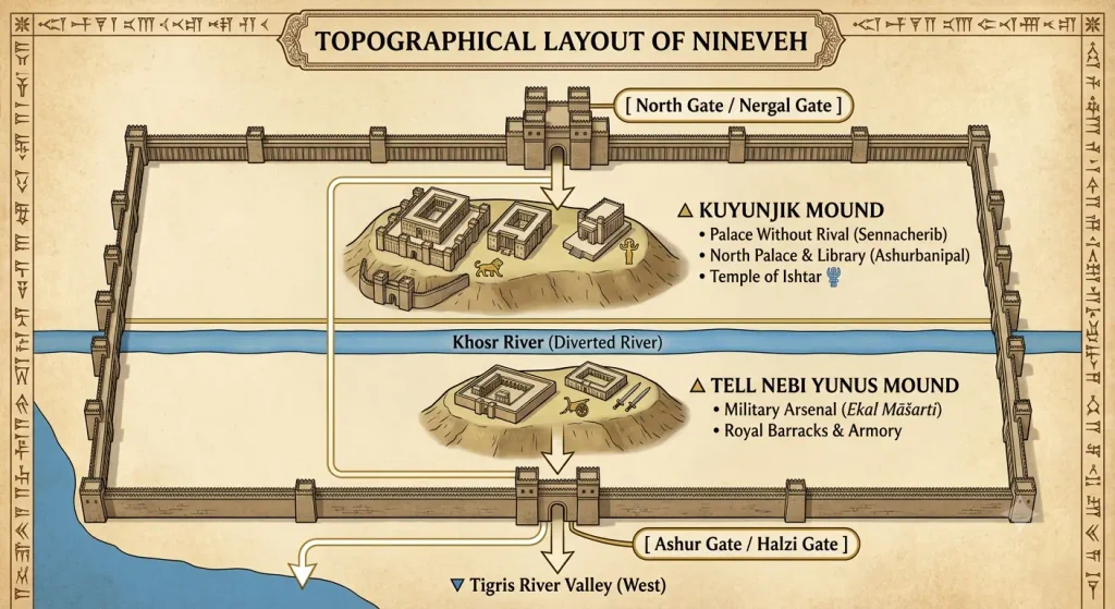 Topographical archaeological map of ancient Nineveh showing the city walls, the Khosr river, Kuyunjik mound with Sennacherib and Ashurbanipal palaces, and Tell Nebi Yunus royal arsenal.
