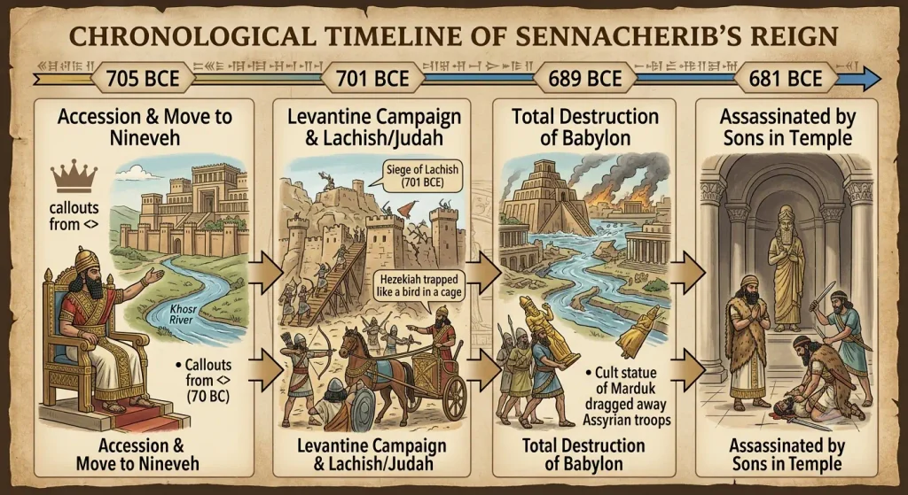Chronological timeline infographic of King Sennacherib of Assyria showing key milestones: 705 BCE accession and move to Nineveh, 701 BCE Levantine campaign and Lachish siege, 689 BCE destruction of Babylon, and 681 BCE temple assassination.