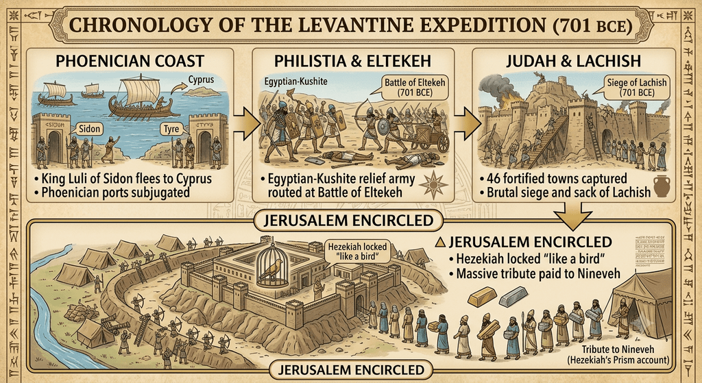 Infographic illustrating Sennacherib's 701 BCE Levantine expedition, including the subjugation of the Phoenician coast, the Battle of Eltekeh, the Siege of Lachish, and the blockade of Jerusalem with King Hezekiah paying tribute.