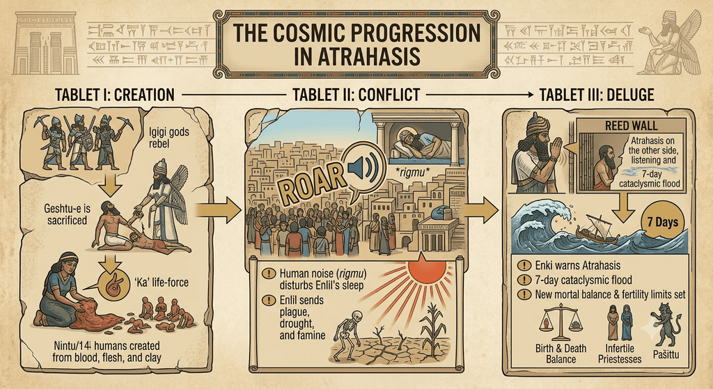 Infographic explaining the three tablets of the Epic of Atrahasis: creation of humanity from clay and divine blood, human noise causing divine plagues, and the 7-day deluge with the reed wall warning.