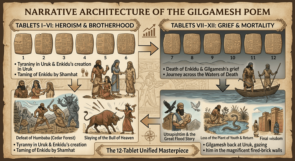 Infographic detailing the narrative architecture of the Epic of Gilgamesh across all 12 cuneiform tablets, divided into heroism and companionship (Tablets 1-6) and grief, mortality, and the search for eternal life (Tablets 7-12).