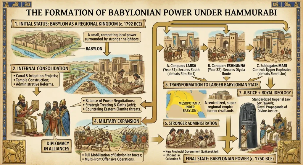 Infographic detailing the formation of Babylonian power under King Hammurabi, from internal consolidation and diplomacy to the conquest of Larsa, Eshnunna, and Mari, culminating in imperial administration and the Law Code.