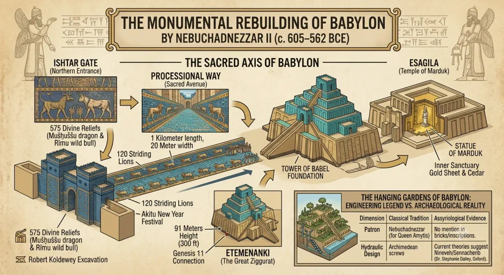 Infographic diagram illustrating the monumental architecture of Babylon under Nebuchadnezzar II, showing the Ishtar Gate, Processional Way, Etemenanki ziggurat, Esagila temple, and the Hanging Gardens debate.