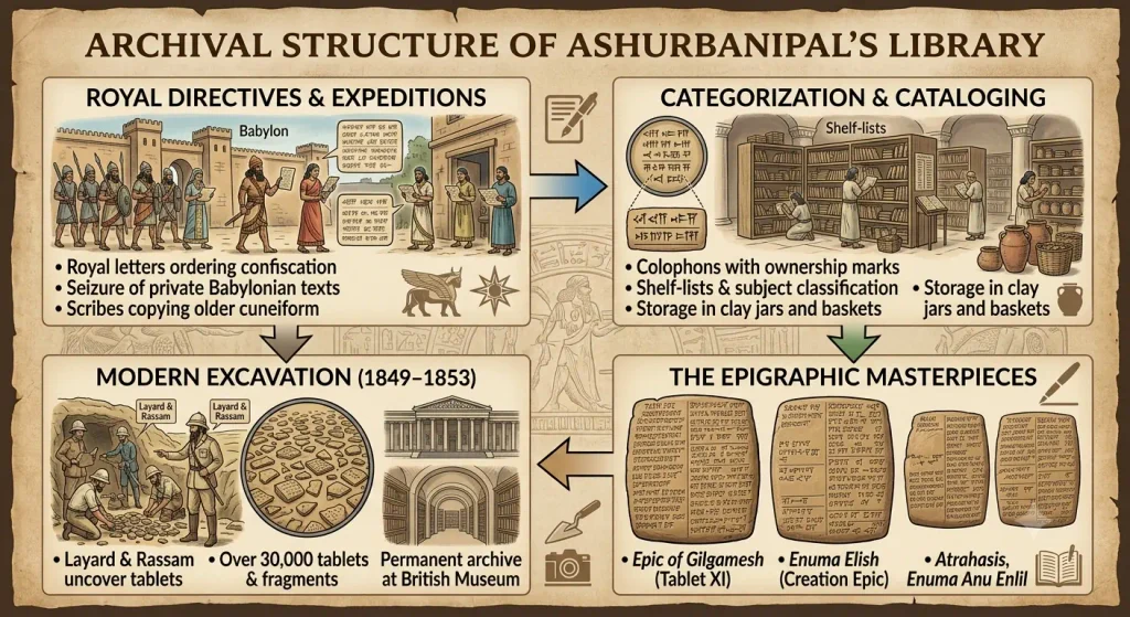 Infographic detailing the archival structure of the Royal Library of Ashurbanipal, from royal confiscations and scribal cataloging to modern excavation at Kuyunjik and epigraphic masterpieces like Gilgamesh.