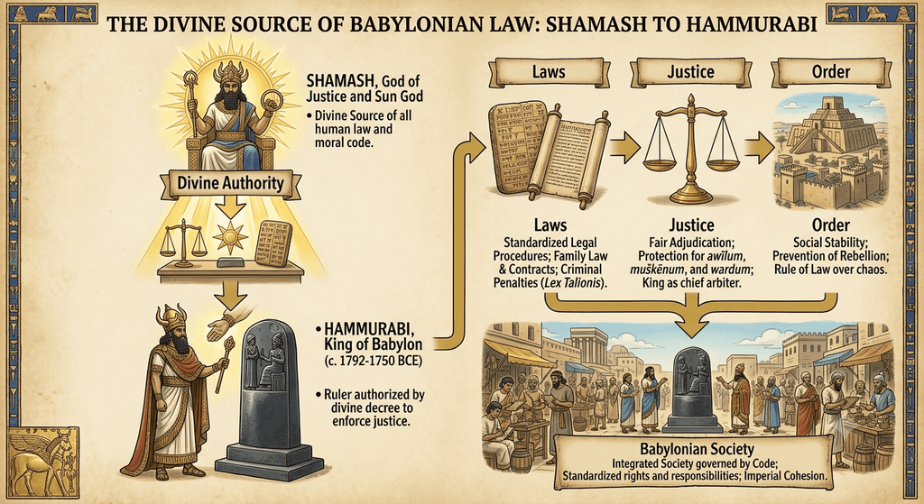 Infographic showing the transmission of divine authority from the sun god Shamash to King Hammurabi, detailing how laws, justice, and order shaped Babylonian society through the Law Code.