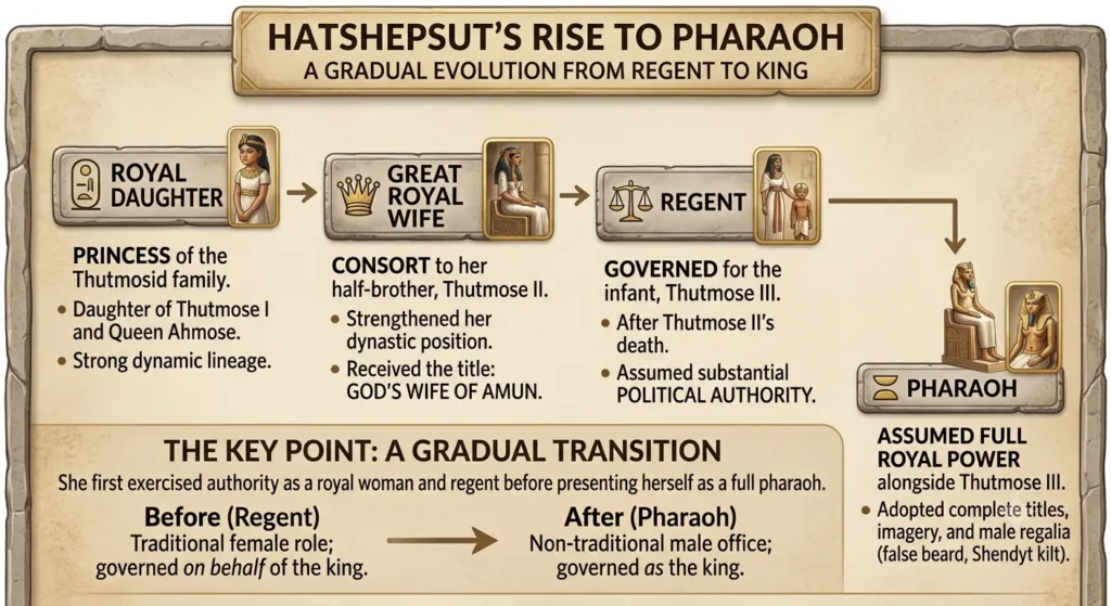 Diagram illustrating Hatshepsut's gradual rise to pharaoh from royal daughter and regent to king of ancient Egypt