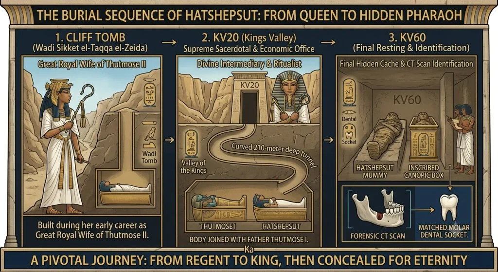Infographic showing the 3-stage burial sequence of Pharaoh Hatshepsut: the cliff tomb in Wadi Sikket el-Taqqa, the 210-meter curved tunnel tomb KV20 in the Valley of the Kings, and the final resting place in KV60 with forensic CT molar identification.