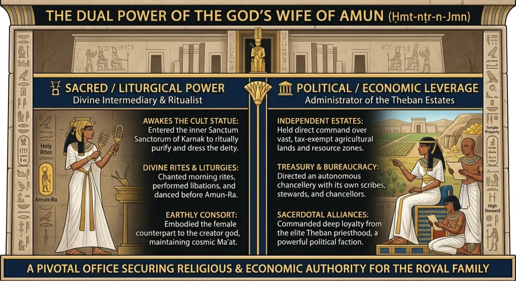 Infographic detailing the dual power of Hatshepsut as God's Wife of Amun, illustrating her sacred liturgical role and economic political leverage over the Theban estates.