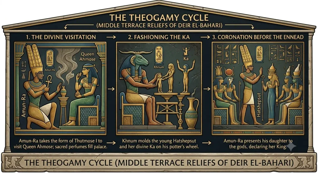 Infographic illustrating the 3 stages of the Theogamy cycle of Hatshepsut: the divine visitation of Amun-Ra to Queen Ahmose, Khnum molding the Ka on a potter's wheel, and coronation before the Ennead.