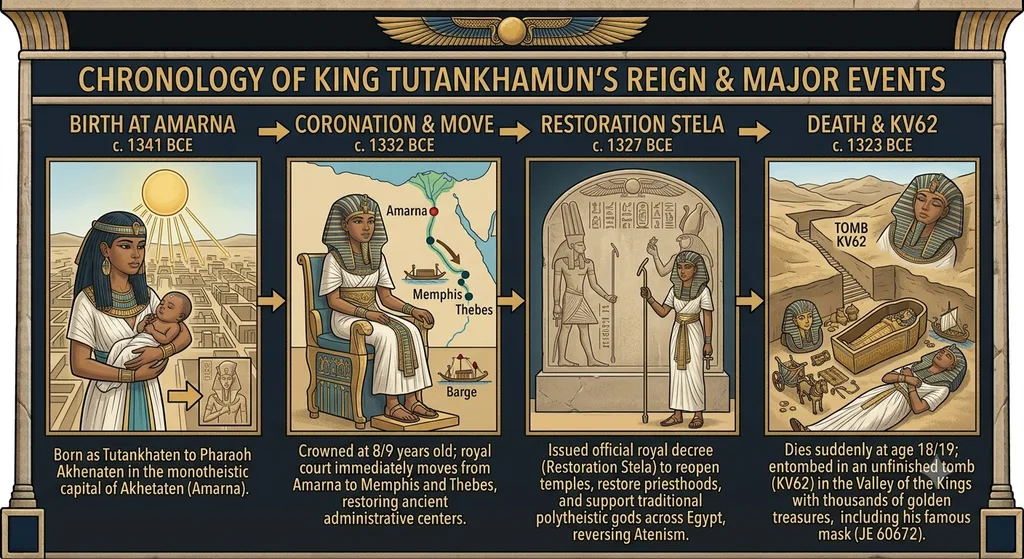 Infographic timeline detailing the chronology of Pharaoh Tutankhamun's reign, from his birth in Amarna as Tutankhaten to his restoration of the Amun cult and sudden death at age 18/19.