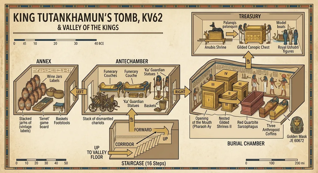 Architectural cutaway layout diagram of King Tutankhamun's tomb KV62 in the Valley of the Kings, showing the staircase, antechamber, annex, burial chamber with nested shrines, and treasury.