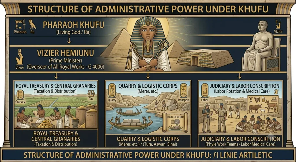 Infographic detailing the structure of administrative power under Pharaoh Khufu, showing Vizier Hemiunu coordinating the royal treasury, quarry logistic corps with the Diary of Merer, and labor organization.
