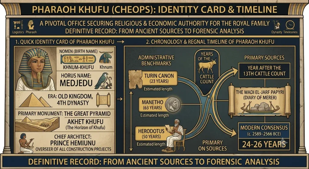 Infographic detailing the identity card and regnal timeline of Pharaoh Khufu (Cheops), featuring his royal titularies, chief architect Prince Hemiunu, the Great Pyramid of Giza, and primary chronological sources like the Turin Canon and the Diary of Merer.