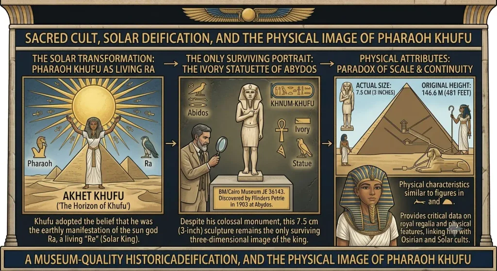 Infographic detailing the sacred solar deification of Pharaoh Khufu as the living Ra and the discovery of his only surviving 3D portrait, the 7.5 cm ivory statuette of Abydos.