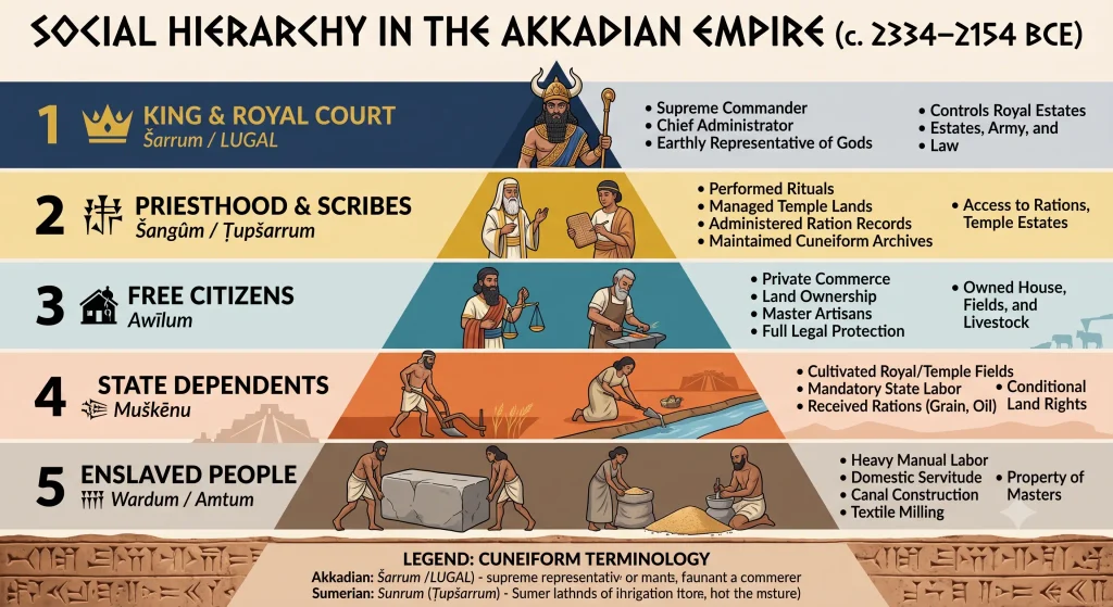 Infographic of the social hierarchy pyramid of the Akkadian Empire, showing classes from the King to Scribes, Free Citizens (Awīlum), State Dependents (Muškēnu), and Slaves.
