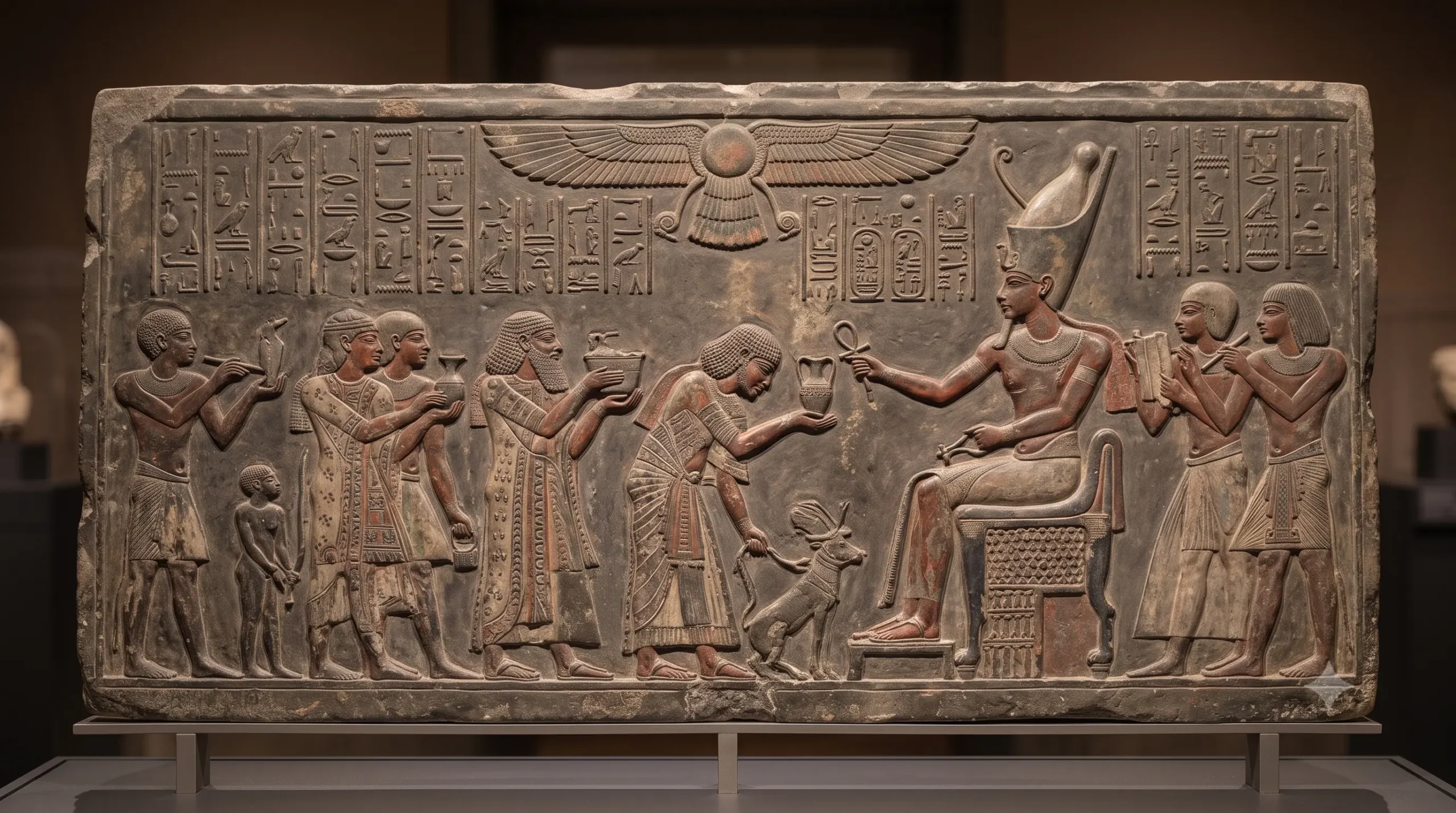 Archaeological Ancient Egyptian New Kingdom temple wall relief showing a seated Pharaoh Ramesses II receiving foreign delegates and diplomatic gifts from Near Eastern nations, c. 1350 BCE.