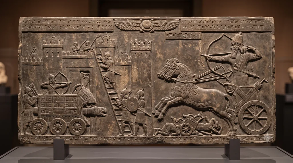 Archaeological Neo-Assyrian gypsum wall relief showing a detailed siege of a fortified city with an armored battering ram, and an imposing Assyrian king dynamic in a war chariot with the winged god Ashur, c. 880 BCE.