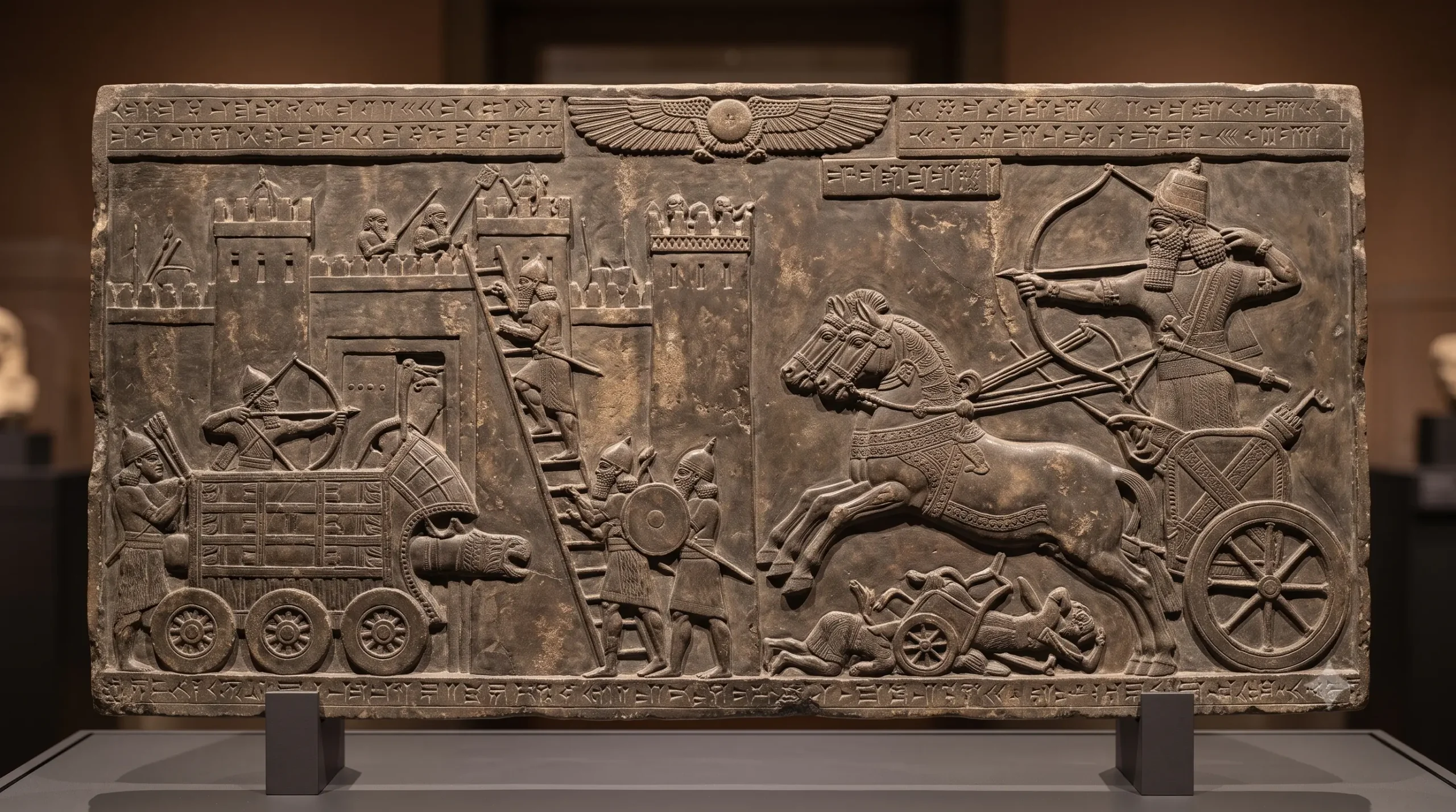 Archaeological Neo-Assyrian gypsum wall relief showing a detailed siege of a fortified city with an armored battering ram, and an imposing Assyrian king dynamic in a war chariot with the winged god Ashur, c. 880 BCE.