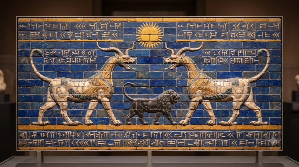 Archaeological Neo-Babylonian glazed brick relief panel showing composite Mushu_ššu dragons and a lion from the Processional Way and Ishtar Gate of Babylon, c. 575 BCE.