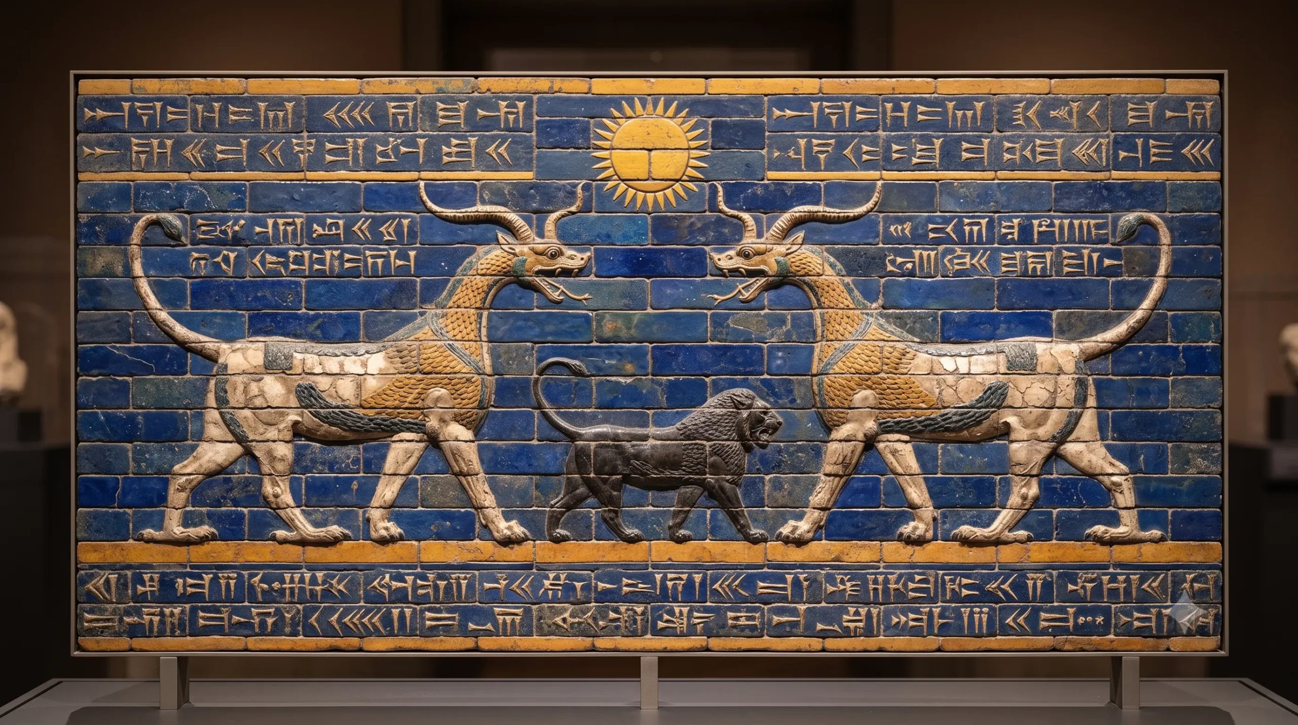 Archaeological Neo-Babylonian glazed brick relief panel showing composite Mushu_ššu dragons and a lion from the Processional Way and Ishtar Gate of Babylon, c. 575 BCE.