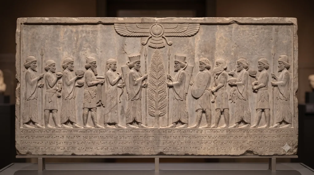 Archaeological Achaemenid Persian limestone wall relief from Persepolis showing an orderly procession of international tribute bearers and Persian guards, with the winged god Ahuramazda, c. 480 BCE.