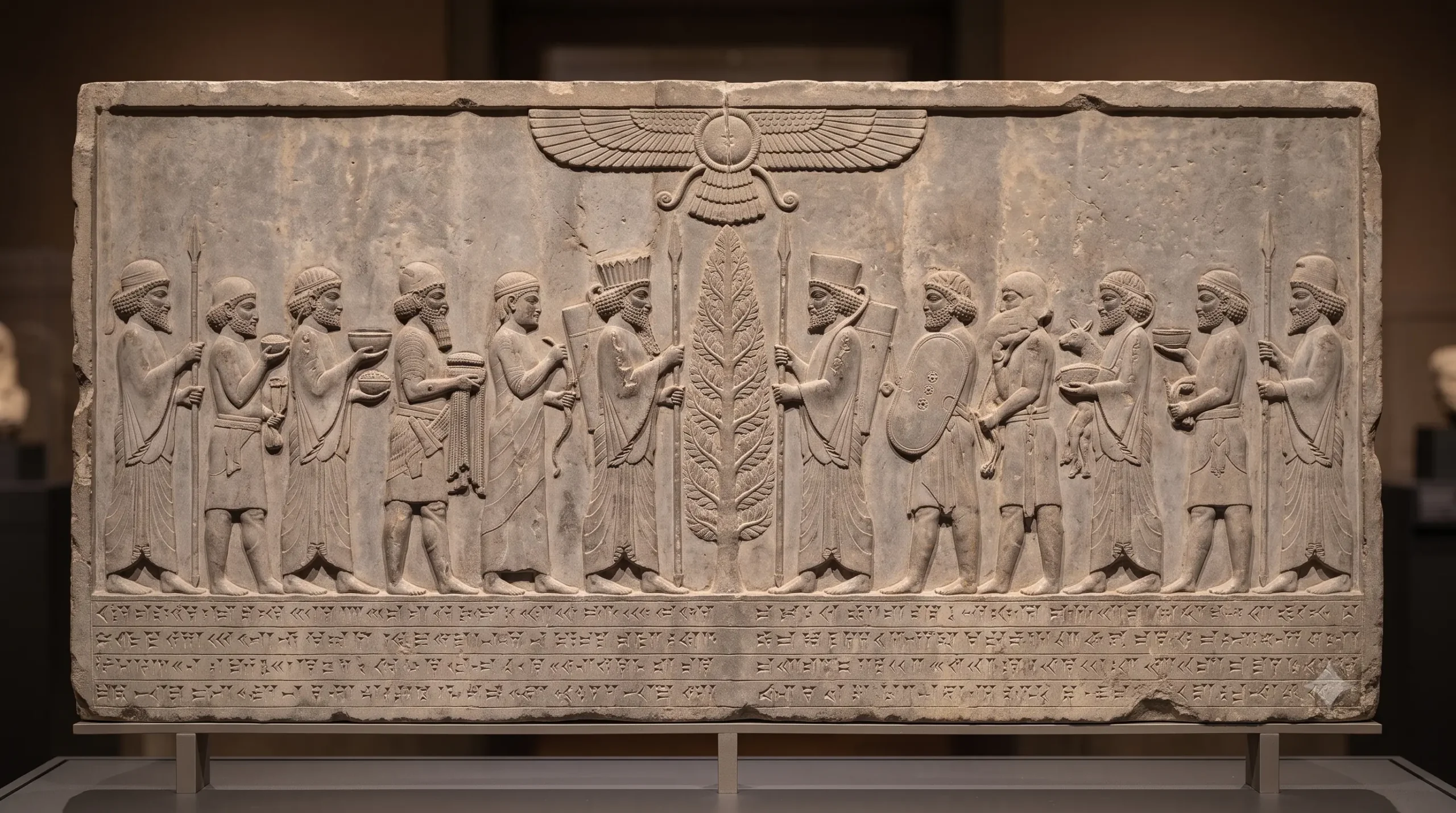 Archaeological Achaemenid Persian limestone wall relief from Persepolis showing an orderly procession of international tribute bearers and Persian guards, with the winged god Ahuramazda, c. 480 BCE.