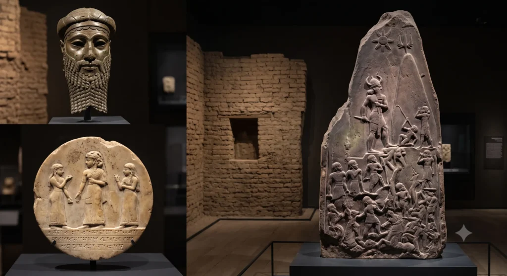 Three key artifacts of Akkadian society: Bronze Head of an Akkadian Ruler, the Disk of Enheduanna High Priestess, and the Victory Stele of King Naram-Sin.