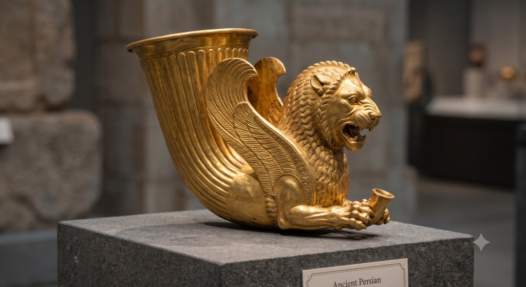 An ancient Achaemenid Persian gold rhyton drinking vessel featuring a sculpted winged griffin protome with intricate chased details c. 5th-4th Century BCE.