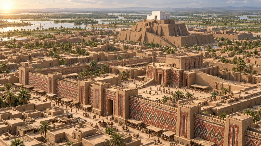 Digital historical reconstruction of the ancient Sumerian city of Uruk in 3200 BCE, featuring the Eanna temple precinct with clay cone mosaics and the White Temple on the Anu Ziggurat.