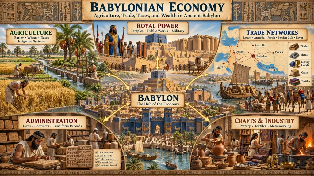 Illustrated map showing the Babylonian economy with agriculture, trade networks, taxation, cuneiform records, crafts and royal wealth in ancient Babylon