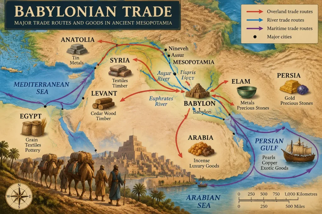 Babylonian merchant caravan transporting goods along the trade routes of the Euphrates River in ancient Mesopotamia.