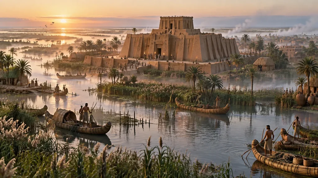Hyper-realistic architectural reconstruction of the ancient Sumerian city of Eridu located in the lush freshwater marshes, featuring the mudbrick E-Abzu temple dedicated to Enki and traditional reed boats.