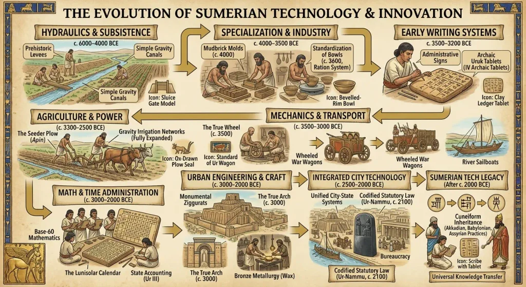 Chronological infographic illustrating the evolution of Sumerian technology from early irrigation and cuneiform writing to the wheel, metallurgy, mathematics, and codified statutory law.