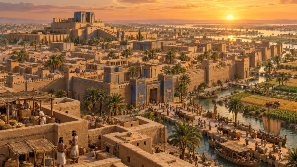 Historical reconstruction of Kish, an ancient Sumerian city in Mesopotamia with mudbrick buildings, temples, canals, and early urban life
