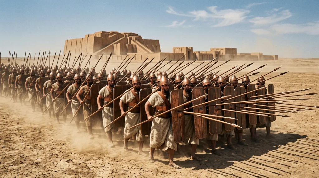 Hyper-realistic historical reconstruction of the ancient Sumerian army of Lagash marching in a disciplined infantry phalanx formation with shields and spears, inspired by the Stele of the Vultures.