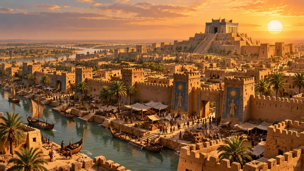 Historical reconstruction of Larsa, an ancient Sumerian city in Mesopotamia showing the E-babbar temple of Shamash, mudbrick architecture, canals, and urban life