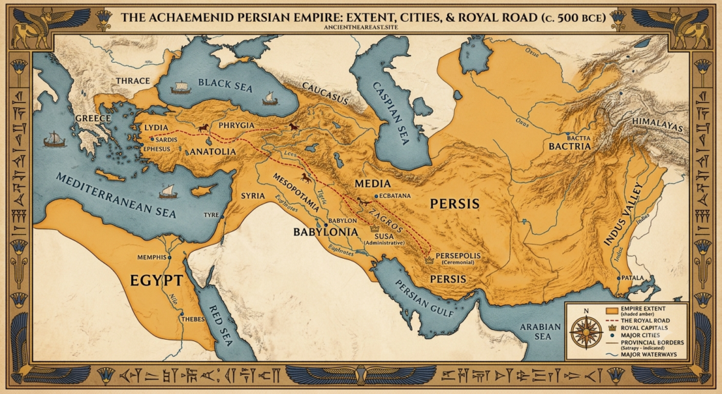 Map of the Achaemenid Persian Empire. Extent, cities and royal road
