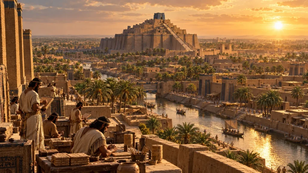 Hyper-realistic architectural reconstruction of the ancient Sumerian city of Nippur at sunset, featuring the stepped mudbrick Ziggurat of Enlil (Ekur), flat-roofed houses, and the Shatt-en-Nil canal.