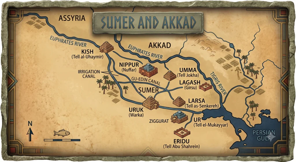 Colored archaeological map of Ancient Sumerian city-states, showing Eridu, Ur, Uruk, Lagash, Nippur, Kish, and the Tigris and Euphrates rivers along the Persian Gulf coast, with a clean interface.