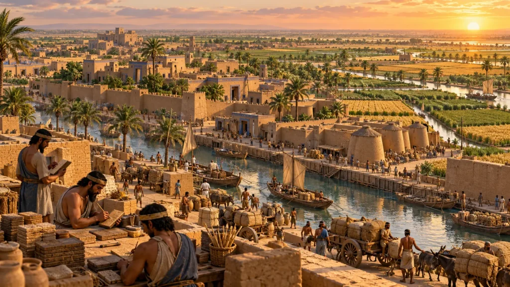 Historical reconstruction of Umma, an ancient Sumerian city in Mesopotamia showing mudbrick buildings, irrigation canals, agricultural fields, and daily life