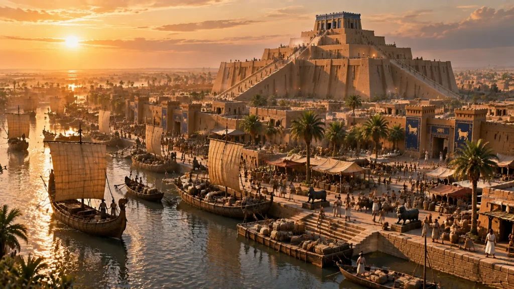 Hyper-realistic architectural reconstruction of the ancient Sumerian city of Ur during the Bronze Age, featuring the monumental Great Ziggurat of Ur with its three staircases, and a bustling river port on the Euphrates.