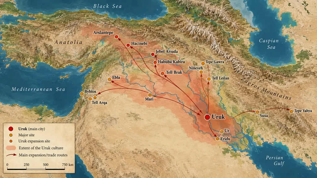 Historical map of the ancient Near East showing the geographic spread of the Uruk Expansion, including trade colonies like Habuba Kabira and Hacinebi along the Euphrates.