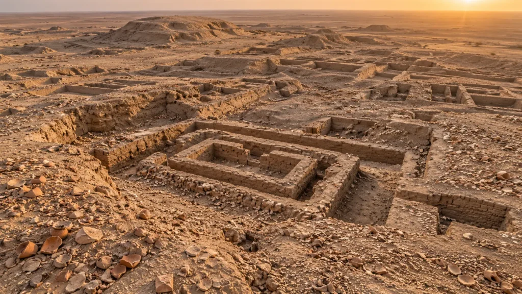 Aerial view of the archaeological site of Warka in Iraq, showing eroded mudbrick mounds, excavation trenches, and scattered pottery from the ancient Sumerian city of Uruk.