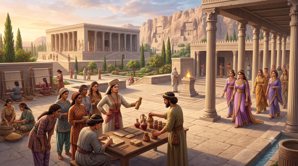 Achaemenid female workshop chief supervising textile artisans while imperial scribes record maternity wine and grain rations on cuneiform clay tablets in Persepolis.