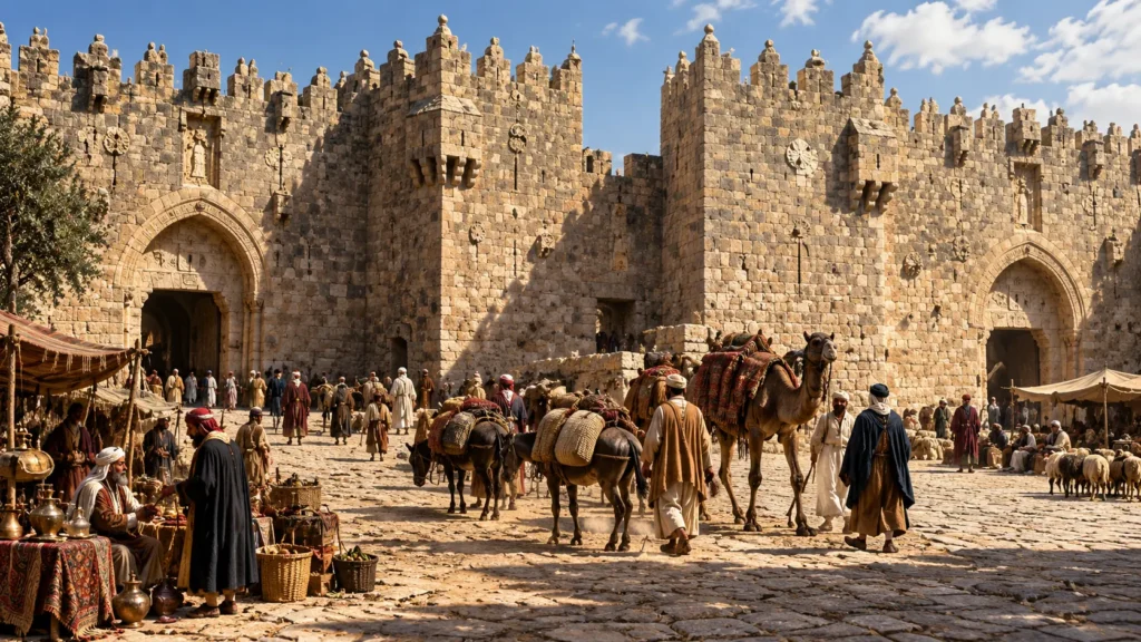 A highly detailed, historical view of the monumental Damascus Gate in Jerusalem, featuring its massive Ottoman stone arch and ancient merchants.
