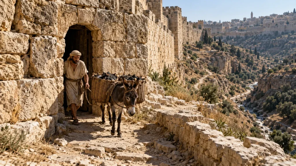 A historical reconstruction of the narrow Dung Gate in ancient Jerusalem, showing a worker and donkey carrying refuse out towards the Valley of Hinnom.