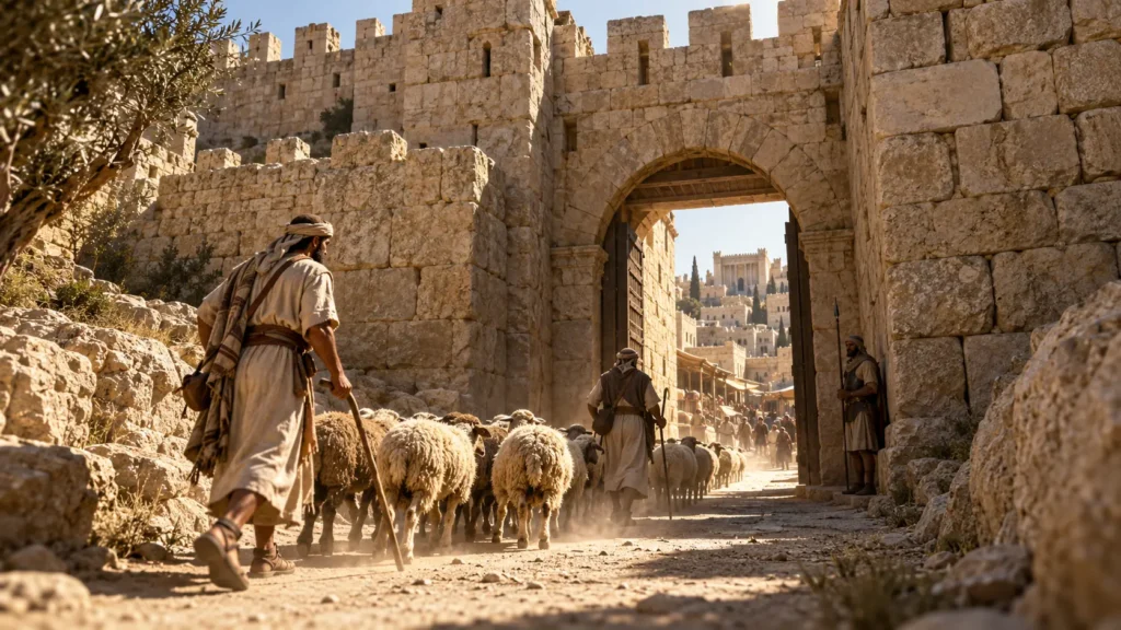 A historically accurate reconstruction of the ancient Sheep Gate in Jerusalem, showing shepherds leading a flock through the biblical stone walls.