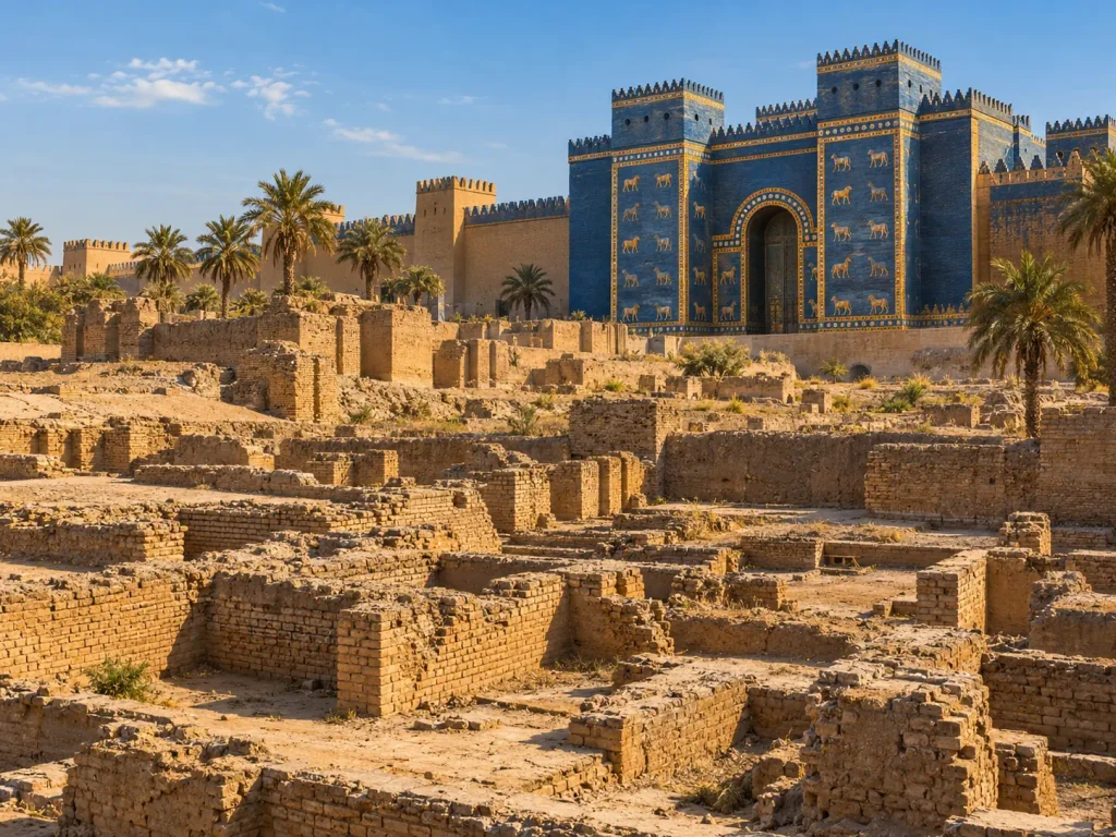 Archaeological remains of ancient Babylon in Iraq showing the ruins of the historic Mesopotamian city