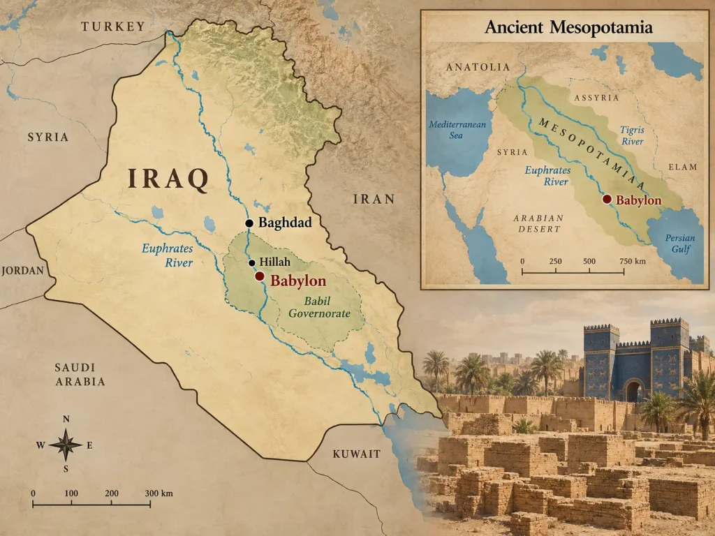 Map showing the location of ancient Babylon in modern-day Iraq near Hillah and the Euphrates River