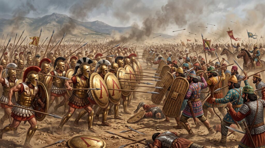 Greek hoplites clashing with Persian infantry and cavalry at the Battle of Plataea in 479 BCE.
